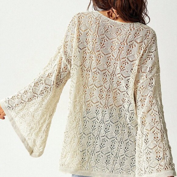 Beige Casual Women's Hollow Out Knitted Cardigan With Flared Sleeves - Picture 2 of 8